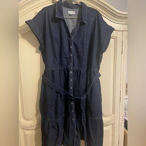 Ava & Viv Blue Midi Dress with Notched Collar and Cap Sleeves